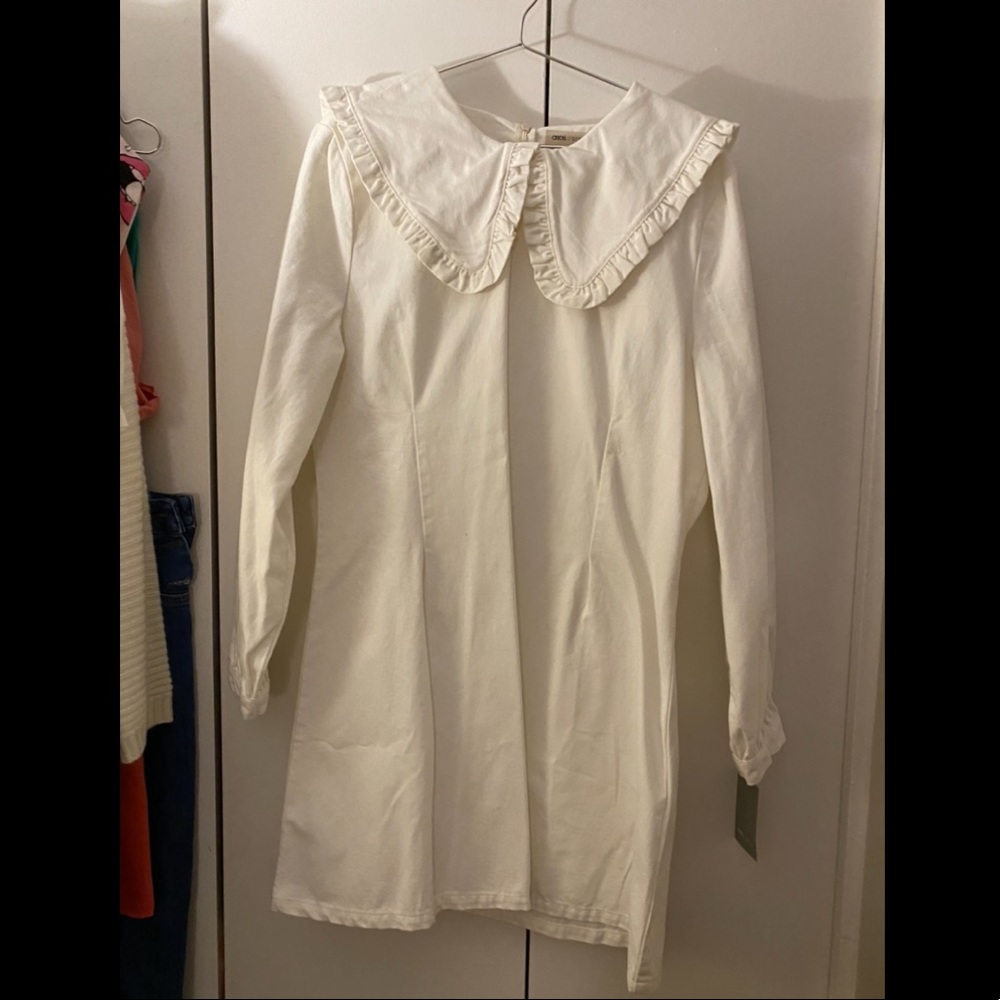ASOS Denim White Dress with Ruffle Collar